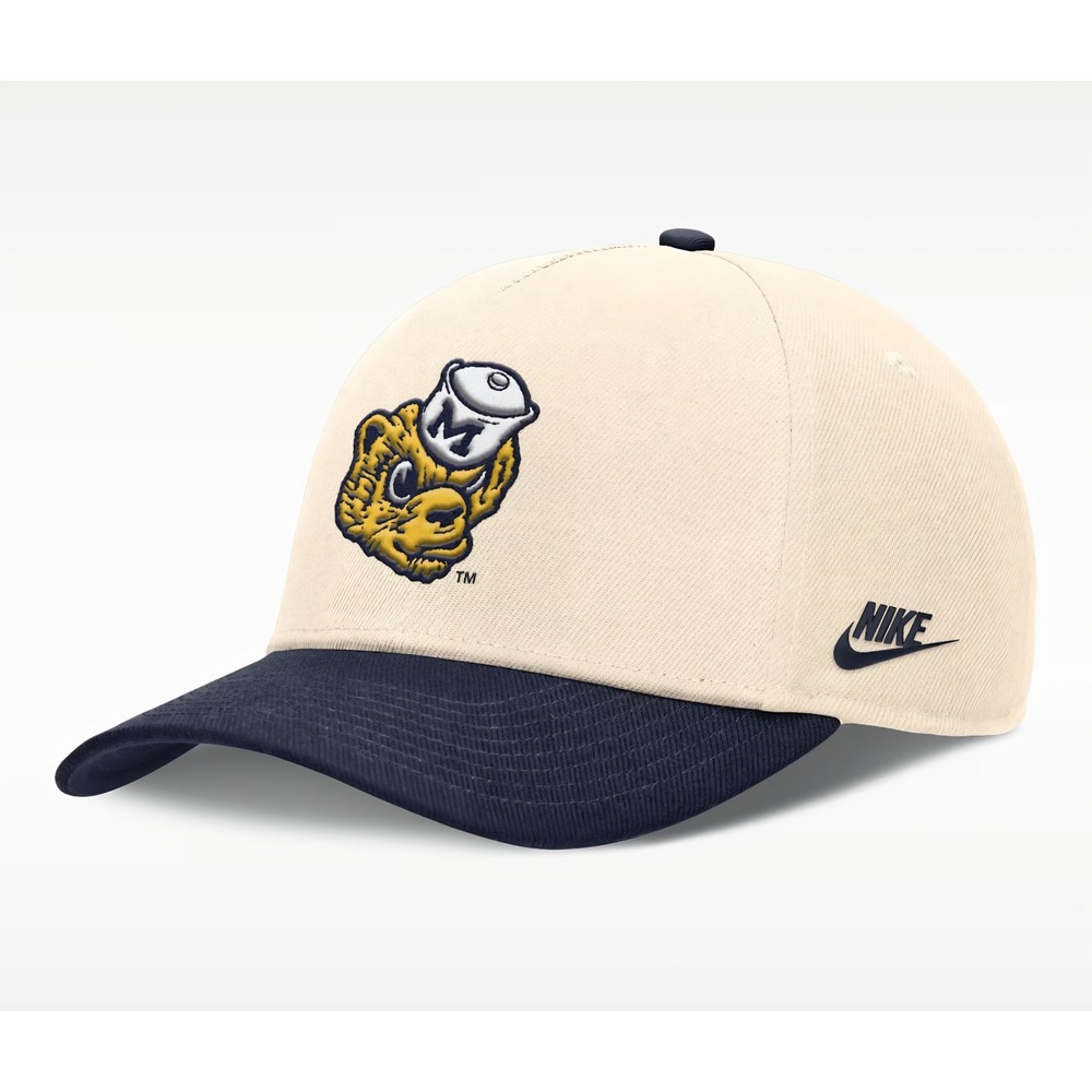 Nike Michigan Wolverines Vintage Mascot Pro Cap Fitted Hat Cream Navy 7 1/4 NEW